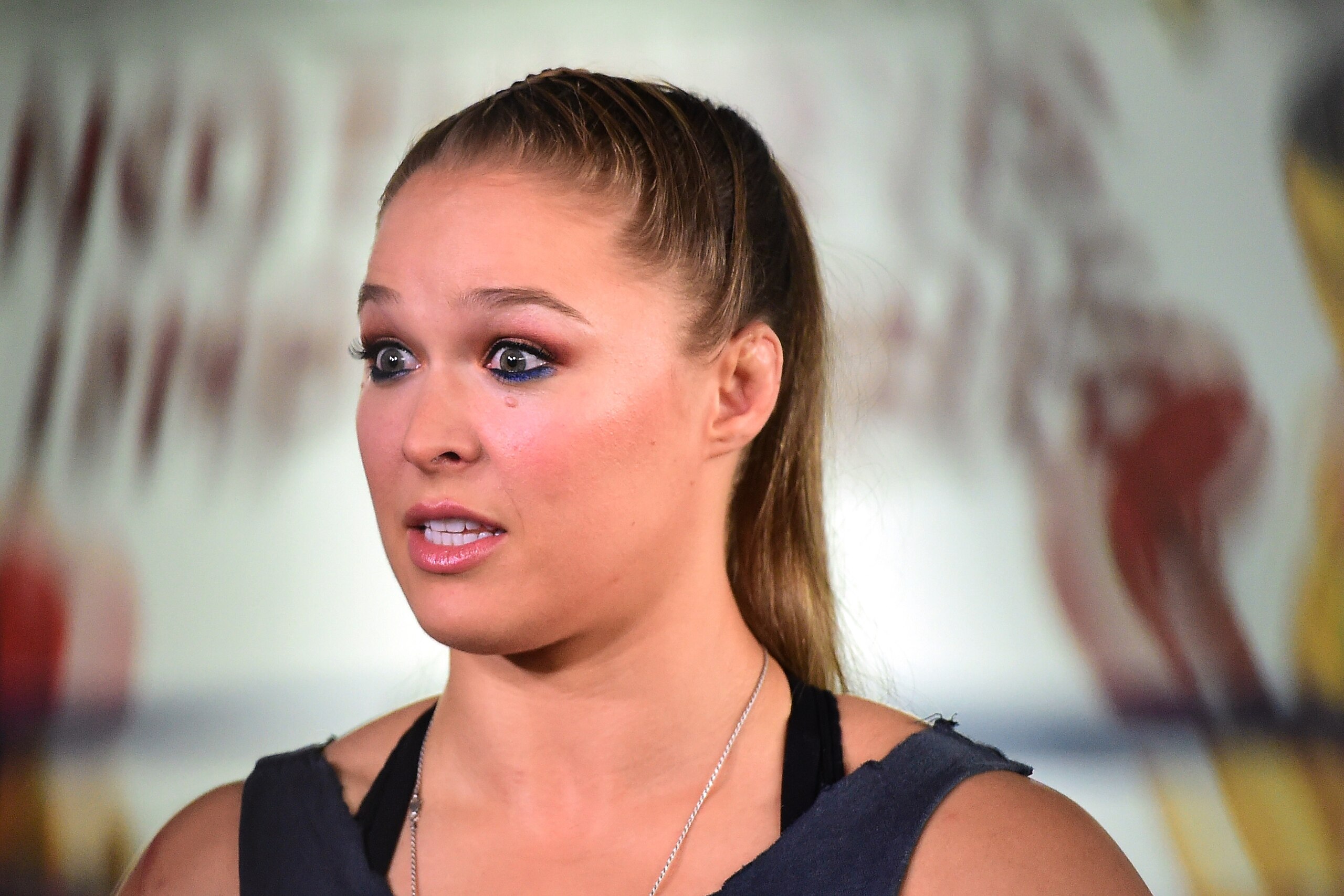 GLENDALE, CA - OCTOBER 27:  Ronda Rousey speaks to media at a press conference leading up to her fight against Holly Holm in UFC 183 at the Glendale Fighting  Club on October 27, 2015 in Glendale, California.  (Photo by Harry How/Getty Images)