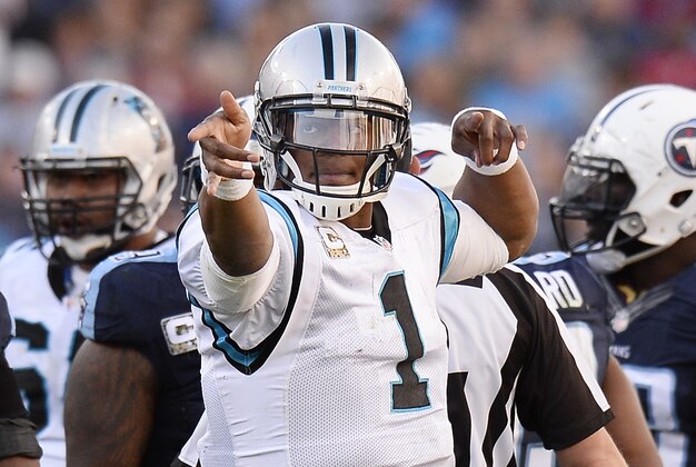 Carolina Panthers quarterback Cam Newton (1) celebrates a first down against the Tennessee Titans in the second half of an NFL football game Sunday, Nov. 15, 2015, in Nashville, Tenn. (AP Photo/Mark Zaleski)