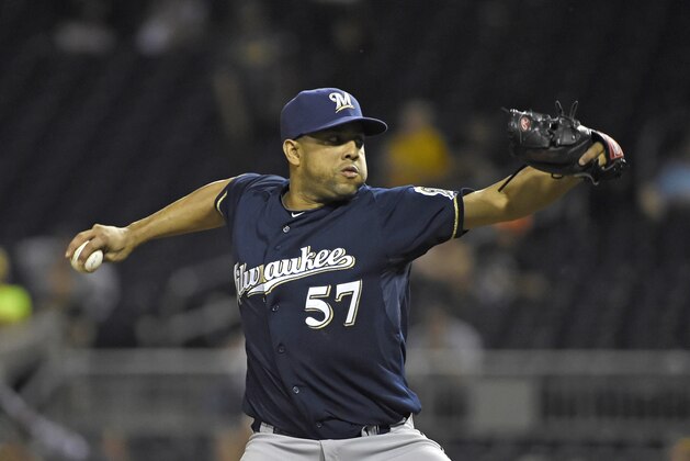 Milwaukee Brewers' Francisco Rodriguez pitches against the Pittsburgh Pirates during a baseball game, Thursday, Sept. 10, 2015, in Pittsburgh.  (AP Photo/Fred Vuich)