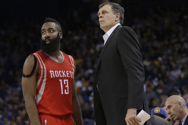 Houston Rockets' James Harden (13) and head coach Kevin McHale talk during an NBA basketball game against the Golden State Warriors in Oakland, Calif., Wednesday, Jan. 21, 2015. (AP Photo/Jeff Chiu)