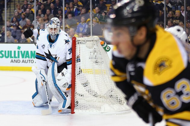 BOSTON, MA - NOVEMBER 17:  Martin Jones #31 of the San Jose Sharks tends net during the first period at TD Garden on November 17, 2015 in Boston, Massachusetts.  (Photo by Maddie Meyer/Getty Images)