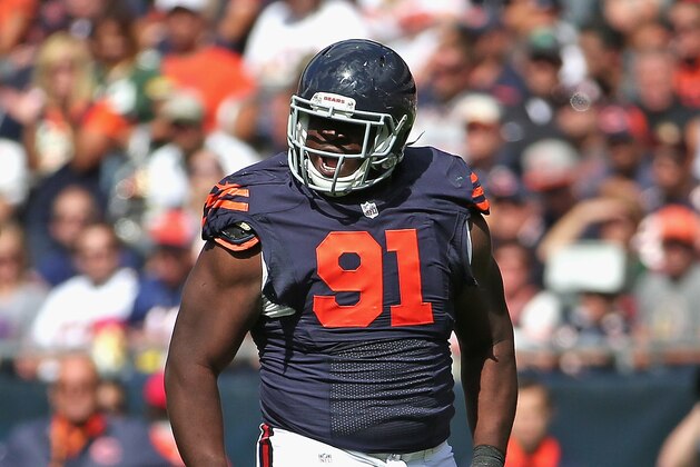 CHICAGO, IL - SEPTEMBER 13: Eddie Goldman #91 of the Chicago Bears celebrates a tackle against the Green Bay Packers at Soldier Field on September 13, 2015 in Chicago, Illinois. The Packers defeated the Bears 31-23. (Photo by Jonathan Daniel/Getty Images)