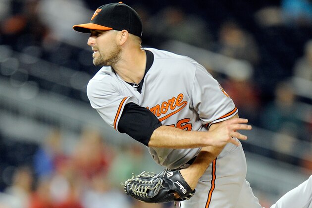 WASHINGTON, DC - SEPTEMBER 22: Darren O'Day #56 of the Baltimore Orioles pitches in the ninth inning against the Washington Nationals at Nationals Park on September 22, 2015 in Washington, DC. Baltimore won the game 4-1. (Photo by Greg Fiume/Getty Images)