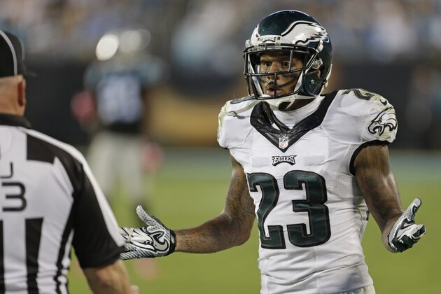 Philadelphia Eagles' Nolan Carroll (23) argues a call with an official in the second half of an NFL football game against the Carolina Panthers in Charlotte, N.C., Sunday, Oct. 25, 2015. The Panthers won 27-16. (AP Photo/Bob Leverone)