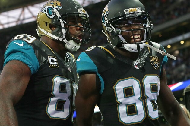 Jacksonville Jaguars wide receiver Allen Hurns (88), right, celebrates after catching the ball for a touchdown during the NFL game between Buffalo Bills and Jacksonville Jaguars at Wembley Stadium in London,  Sunday, Oct. 25, 2015. (AP Photo/Tim Ireland)