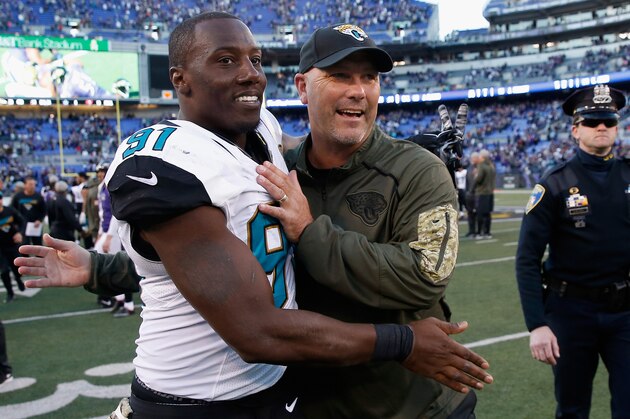 BALTIMORE, MD - NOVEMBER 15:  Chris Clemons #91 and head coach Gus Bradley of the Jacksonville Jaguars walk off the field following the Jaguars 22-20 win over the Baltimore Ravens at M&T Bank Stadium on November 15, 2015 in Baltimore, Maryland.  (Photo by Rob Carr/Getty Images)