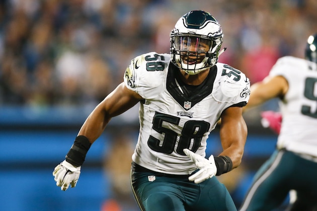 Philadelphia Eagles outside linebacker Jordan Hicks (58) in action against the Carolina Panthers during an NFL game at Bank of America Stadium in Charlotte, N.C. on Sunday, Oct. 25, 2015. (Chris Keane/AP Images for Panini)