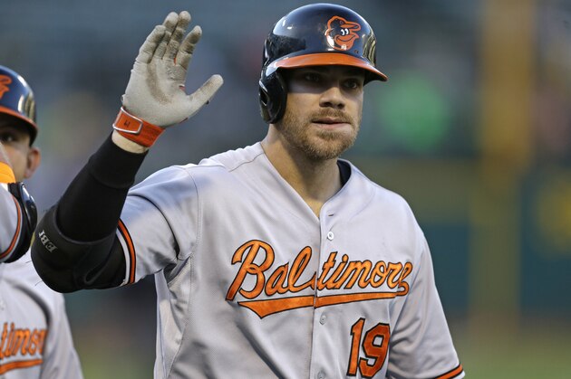 Baltimore Orioles' Chris Davis (19) celebrates after hitting a three-run home run off Oakland Athletics pitcher Jesse Chavez in the first inning of a baseball game Monday, Aug. 3, 2015, in Oakland, Calif. (AP Photo/Ben Margot)