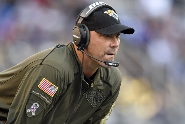 Jacksonville Jaguars head coach Gus Bradley watches the second half an NFL football game against the Baltimore Ravens, Sunday, Nov. 15, 2015, in Baltimore. (AP Photo/Gail Burton)