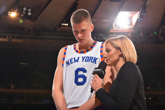 NEW YORK,NY - NOVEMBER 17: Kristaps Porzingis #6 of the New York Knicks is interviewed after dropping 29 points against the Charlotte Hornets at Madison Square Garden on November 17, 2015 in New York,New York NOTE TO USER: User expressly acknowledges and agrees that, by downloading and/or using this Photograph, user is consenting to the terms and conditions of the Getty Images License Agreement. Mandatory Copyright Notice: Copyright 2015 NBAE (Photo by Jesse D. Garrabrant/NBAE via Getty Images)
