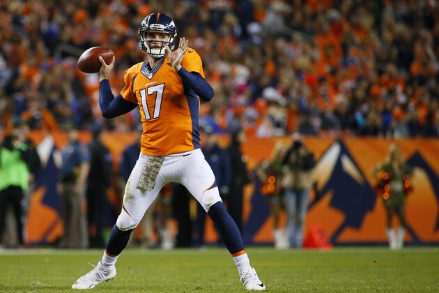 Denver Broncos quarterback Brock Osweiler (17) throws during an NFL football game between the Denver Broncos and the Kansas City Chiefs, Sunday, Nov. 15, 2015, in Denver. (AP Photo/Jack Dempsey)