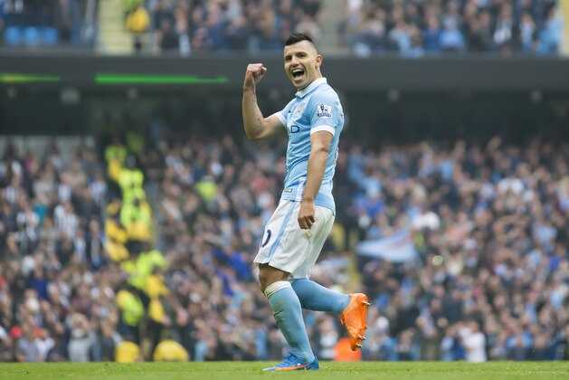 Manchester City's Sergio Aguero celebrates after scoring his fourth goal during the English Premier League soccer match between Manchester City and Newcastle at the Etihad Stadium, Manchester, England, Saturday Oct. 3, 2015. (AP Photo/Jon Super)