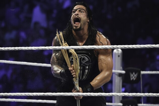MIAMI, FL- SEPTEMBER 01: Roman Reigns reacts during the WWE Smackdown on September 1, 2015 at the American Airlines Arena in Miami, Florida.  (Photo by Ron ElkmanSports Imagery/Getty Images)