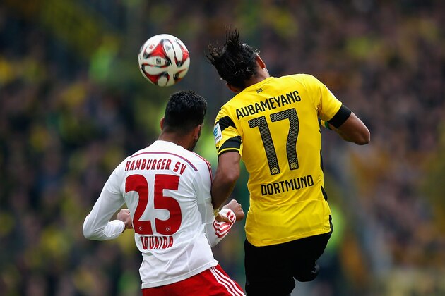 HAMBURG, GERMANY - MARCH 07: Mohamed Gouaid (L) of Hamburg jumps for a header with Pierre-Emerick Aubameyang of Dortmund during the First Bundesliga match between Hamburger SV and Borussia Dortmund at Imtech Arena on March 7, 2015 in Hamburg, Germany. (Photo by Boris Streubel/Getty Images) HAMBURG, GERMANY - MARCH 07: Mohamed Gouaid (L) of Hamburg jumps for a header with Pierre-Emerick Aubameyang of Dortmund during the First Bundesliga match between Hamburger SV and Borussia Dortmund at Imtech Arena on March 7, 2015 in Hamburg, Germany. (Photo by Boris Streubel/Getty Images)