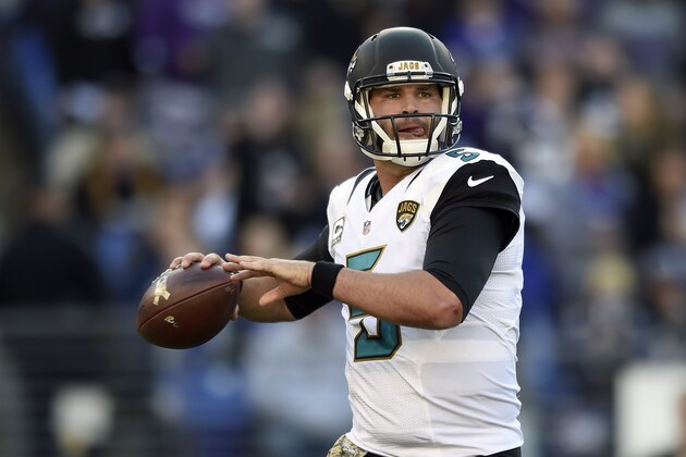 Jacksonville Jaguars quarterback Blake Bortles throws to a receiver in the first half an NFL football game against the Baltimore Ravens, Sunday, Nov. 15, 2015, in Baltimore. (AP Photo/Gail Burton)