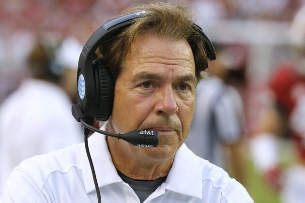 Alabama head coach Nick Saban reacts during the second half of an NCAA college football game in Tuscaloosa, Ala., Saturday, Sept. 26, 2015. Alabama won 34-0. (AP Photo/Jonathan Bachman)