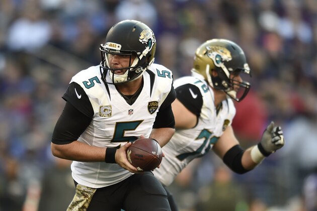 Jacksonville Jaguars quarterback Blake Bortles (5) prepares to hand off the ball in the second half an NFL football game against the Baltimore Ravens, Sunday, Nov. 15, 2015, in Baltimore. (AP Photo/Gail Burton)