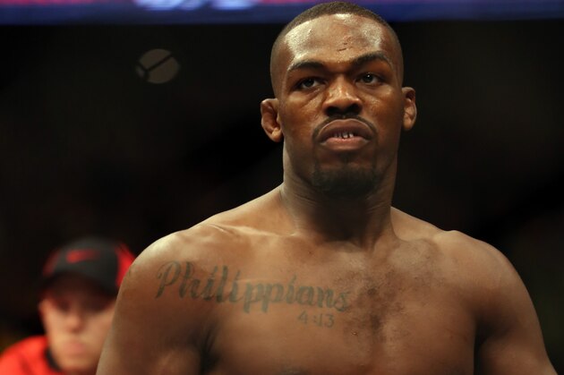 Jon Jones is seen in the ring before his UFC 159 Mixed Martial Arts light heavyweight title bout in Newark, NJ, Saturday, April 27,2013.  Jones retained his title via first round TKO. (AP Photo/Gregory Payan)