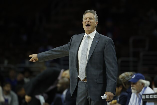 Philadelphia 76ers' Brett Brown in action during an NBA basketball game against the Indiana Pacers, Wednesday, Nov. 18, 2015, in Philadelphia. (AP Photo/Matt Slocum)