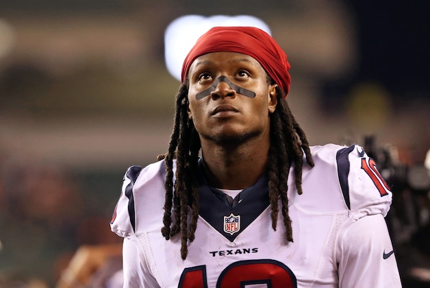 Nov 16, 2015; Cincinnati, OH, USA; Houston Texans wide receiver DeAndre Hopkins (10) looks on as he walks off the field after the game against the Cincinnati Bengals at Paul Brown Stadium. The Texans won 10-6. Mandatory Credit: Aaron Doster-USA TODAY Sports