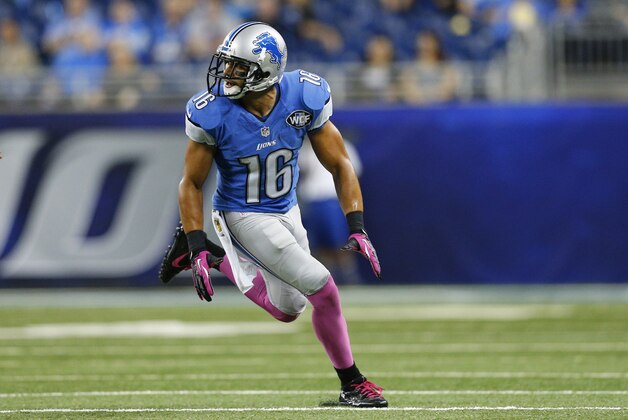 Detroit Lions wide receiver Lance Moore (16) runs a pass pattern during the second half of an NFL football game against the Arizona Cardinals, Sunday, Oct. 11, 2015, in Detroit. (AP Photo/Rick Osentoski)