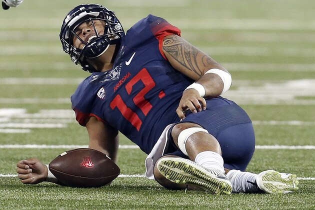 Arizona quarterback Anu Solomon (12) reacts after getting tackled during the first half of an NCAA college football game against Utah, Saturday, Nov. 14, 2015, in Tucson, Ariz. (AP Photo/Rick Scuteri)