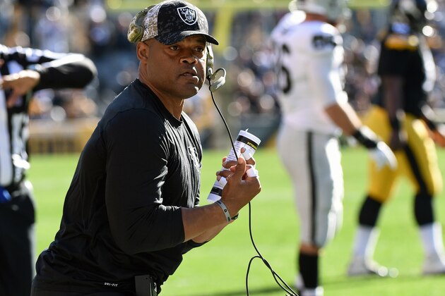 PITTSBURGH, PA - NOVEMBER 8:  Defensive coordinator Ken Norton, Jr., of the Oakland Raiders looks on from the sideline during a game against the Pittsburgh Steelers at Heinz Field on November 8, 2015 in Pittsburgh, Pennsylvania. The Steelers defeated the Raiders 38-35. (Photo by George Gojkovich/Getty Images)
