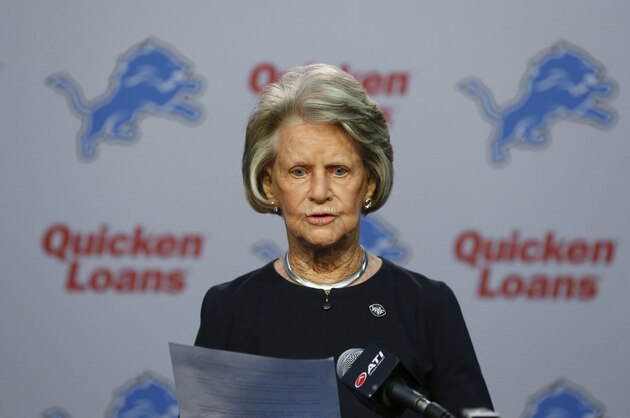 Detroit Lions owner Martha Firestone Ford reads a prepared statement in Thursday, Nov. 5, 2015 in Allen Park, Mich. The Lions fired president Tom Lewand and general manager Martin Mayhew from the NFL football franchise. (AP Photo/Paul Sancya)