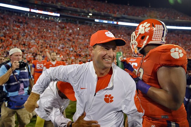 Clemson head coach Dabo Swinney celebrates after their 23-17 win over Florida State in an NCAA college football game, Saturday, Nov. 7, 2015,  in Clemson,  S.C. (AP Photo/Richard Shiro)