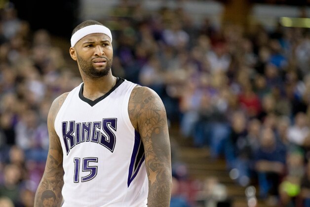 Nov 15, 2015; Sacramento, CA, USA; Sacramento Kings forward DeMarcus Cousins (15) reacts after being given a technical against the Toronto Raptors during the fourth quarter at Sleep Train Arena. The Sacramento Kings defeated the Toronto Raptors 107-101. Mandatory Credit: Kelley L Cox-USA TODAY Sports
