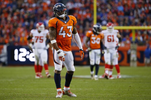 Denver Broncos strong safety T.J. Ward (43) reacts to a penalty call during an NFL football game between the Denver Broncos and the Kansas City Chiefs, Sunday, Nov. 15, 2015, in Denver. (AP Photo/Jack Dempsey)