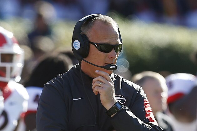 Georgia head coach Mark Richt watches along the sideline during the second half of an NCAA football game against Auburn, Saturday, Nov. 14, 2015, in Auburn, Ala. (AP Photo/Butch Dill)