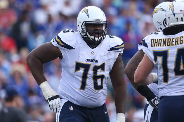 ORCHARD PARK, NY - SEPTEMBER 21: D.J. Fluker #76 of the San Diego Chargers during NFL game action against the Buffalo Bills at Ralph Wilson Stadium on September 21, 2014 in Orchard Park, New York. (Photo by Tom Szczerbowski/Getty Images)