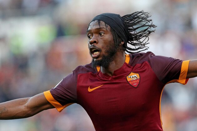 Roma's Gervinho celebrates after scoring, during a Serie A soccer match between Roma and Lazio at Rome's Olympic stadium, Sunday, Nov. 8, 2015. (Alessandro Di Meo/ANSA via AP)