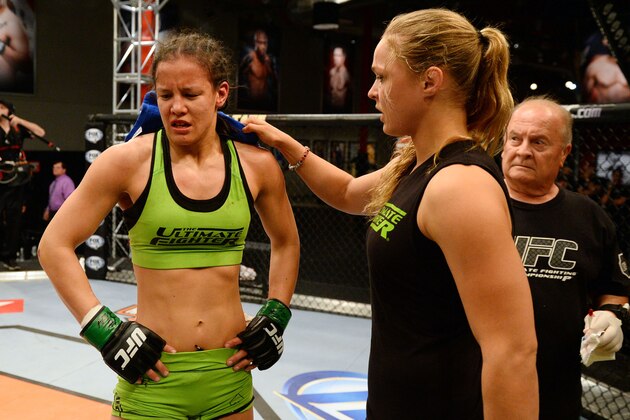 LAS VEGAS, NV - JUNE 6:  (L-R) Shayna Baszler is consoled by coach Ronda Rousey after being submitted by Julianna Pena (not pictured) in their preliminary fight during filming of season eighteen of The Ultimate Fighter on June 6, 2013 in Las Vegas, Nevada. (Photo by Al Powers/Zuffa LLC/Zuffa LLC via Getty Images)