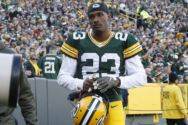 Green Bay Packers' Damarious Randall walks off the field during the first half of an NFL football game against the Detroit Lions Sunday, Nov. 15, 2015, in Green Bay, Wis. (AP Photo/Morry Gash)