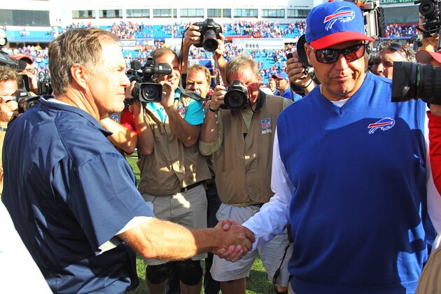 New England Patriots head coach Bill Belichick shakes hands with Buffalo Bills head coach Rex Ryan after an NFL football game Sunday, Sept. 20, 2015, in Orchard Park, N.Y. The Patriots won the game 40-32. (AP Photo/Bill Wippert)