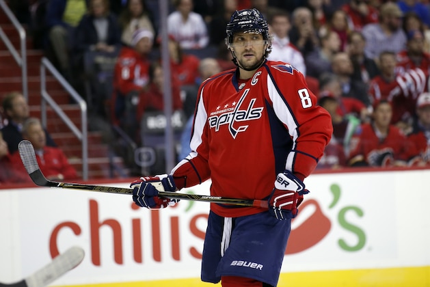 Washington Capitals left wing Alex Ovechkin (8), from Russia, skates on the ice in the second period of an NHL hockey game against the Calgary Flames, Friday, Nov. 13, 2015, in Washington. (AP Photo/Alex Brandon)