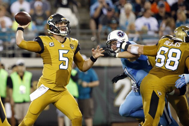 Jacksonville Jaguars quarterback Blake Bortles (5) throws a pass against the Tennessee Titans during the first quarter of an NFL football game Thursday, Nov. 19, 2015, in Jacksonville, Fla. (AP Photo/Brian Blanco)