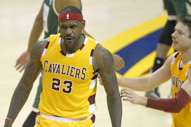 Nov 19, 2015; Cleveland, OH, USA; Cleveland Cavaliers forward LeBron James (23) reacts beside guard Matthew Dellavedova (8) in the fourth quarter against the Milwaukee Bucks at Quicken Loans Arena. Mandatory Credit: David Richard-USA TODAY Sports