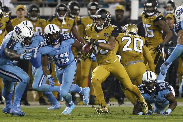 Nov 19, 2015; Jacksonville, FL, USA;  Jacksonville Jaguars kick returner Rashad Greene (13) returns a 66 yard punt to the 6 yard line during the second half of a football game against the Tennessee Titans at EverBank Field. The Jaguars won 19-13. Mandatory Credit: Reinhold Matay-USA TODAY Sports