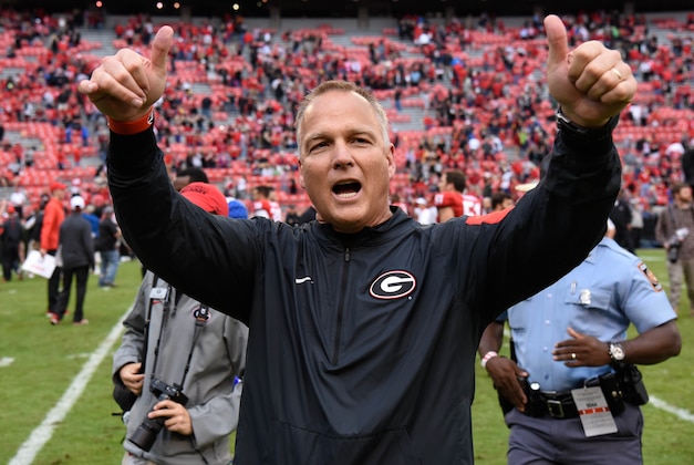 Nov 7, 2015; Athens, GA, USA; Georgia Bulldogs head coach Mark Richt reacts to the fans and students after defeating the Kentucky Wildcats at Sanford Stadium. Georgia defeated Kentucky 27-3. Mandatory Credit: Dale Zanine-USA TODAY Sports