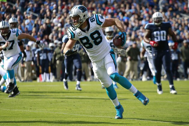 Carolina Panthers tight end Greg Olsen (88) catches a pass against the Tennessee Titans during an NFL football game Sunday, Nov. 15, 2015, in Nashville, Tenn. The Panthers won 27-10.  (Jeff Haynes/AP Images for Panini)
