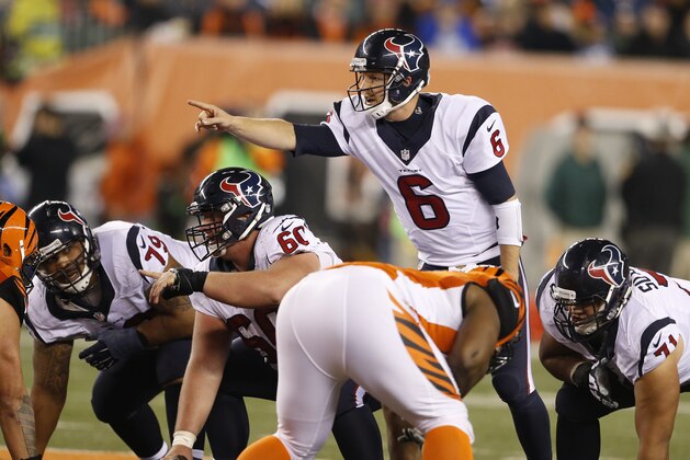 Houston Texans quarterback T.J. Yates (6) in the second half of an NFL football game against the Cincinnati Bengals in Cincinnati, Monday, Nov. 16, 2015.  (AP Photo/Gary Landers)