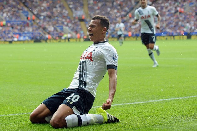 Tottenham’s Dele Alli celebrates after scoring against Leicester during the English Premier League soccer match between Leicester City and Tottenham Hotspur at the King Power Stadium, Leicester, England, Saturday, Aug. 22, 2015. (AP Photo/Rui Vieira)