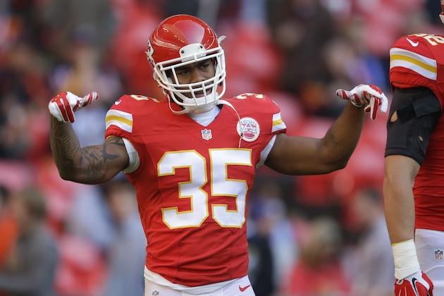 Kansas City Chiefs running back Charcandrick West (35) gestures as he stands on the pitch ahead of the NFL football game between Detroit Lions and Kansas City Chiefs Wembley Stadium in London,  Sunday, Nov. 1, 2015. (AP Photo/Matt Dunham)