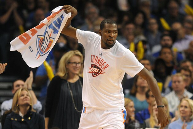 Nov 4, 2015; Oklahoma City, OK, USA; Oklahoma City Thunder forward Kevin Durant (35) reacts after a play in action against the Oklahoma City Thunder during the fourth quarter at Chesapeake Energy Arena. Mandatory Credit: Mark D. Smith-USA TODAY Sports