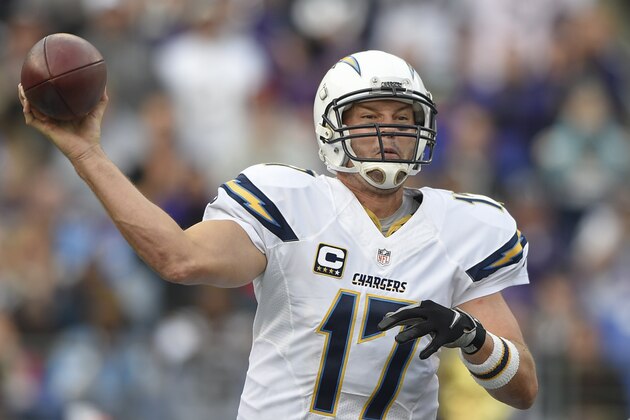 San Diego Chargers quarterback Philip Rivers (17) passes the ball during the second half of an NFL football game against the Baltimore Ravensin Baltimore, Sunday, Nov. 1, 2015. (AP Photo/Nick Wass)