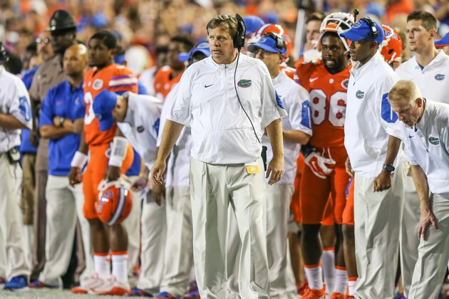 Florida head coach Jim McElwain during the first half of an NCAA college football game against Mississippi Saturday, Oct. 3, 2015, in Gainesville, Fla. Florida won 38-10. (AP Photo/Gary McCullough)