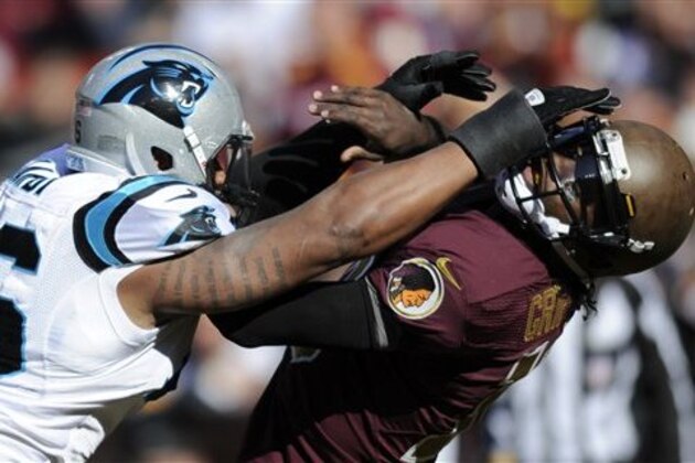 Carolina Panthers defensive end Greg Hardy, left, hits Washington Redskins quarterback Robert Griffin III and is charged with a roughing the passer penalty during the first half of an NFL football game, Sunday, Nov. 4, 2012, in Landover, Md. (AP Photo/Nick Wass)